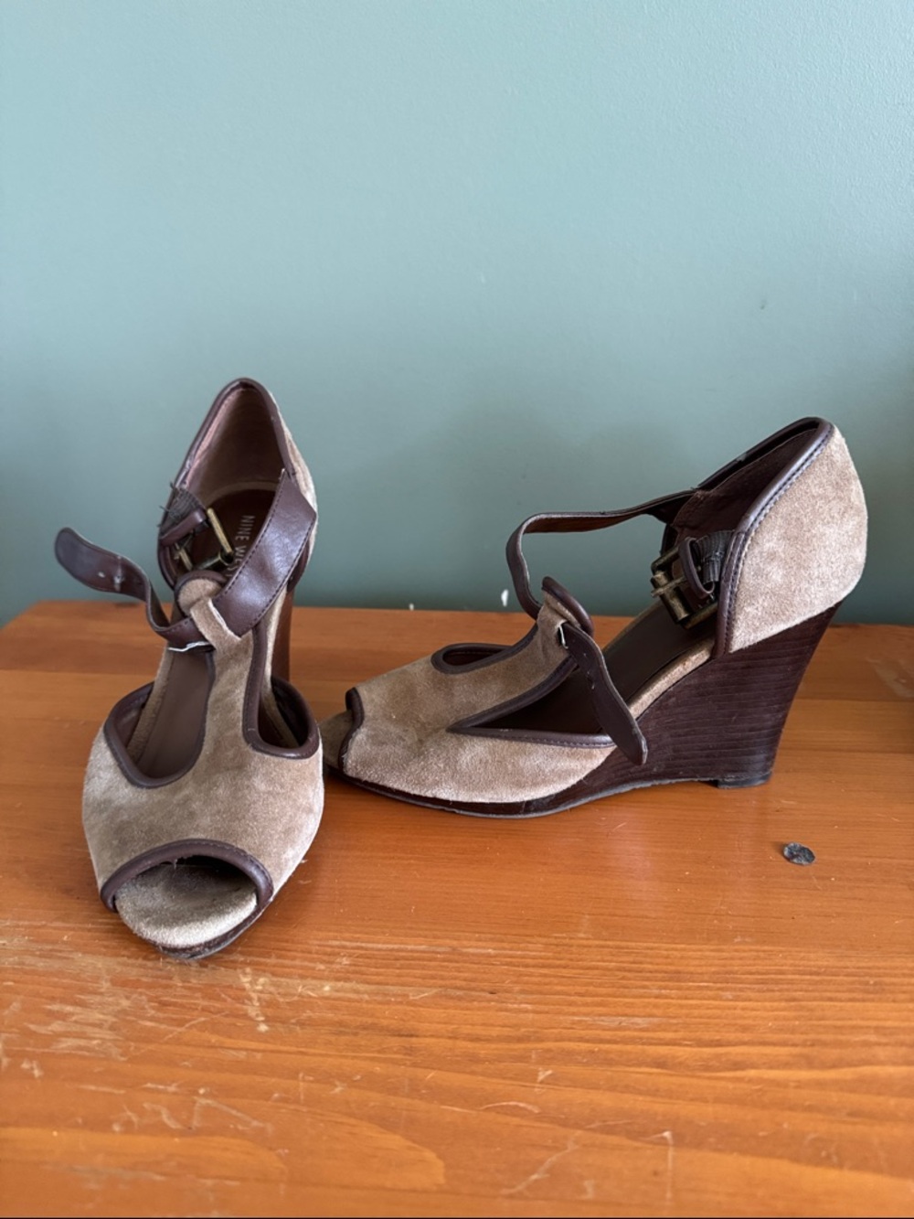 Nine West Taupe and Dark Brown Suede Wedge Sandals